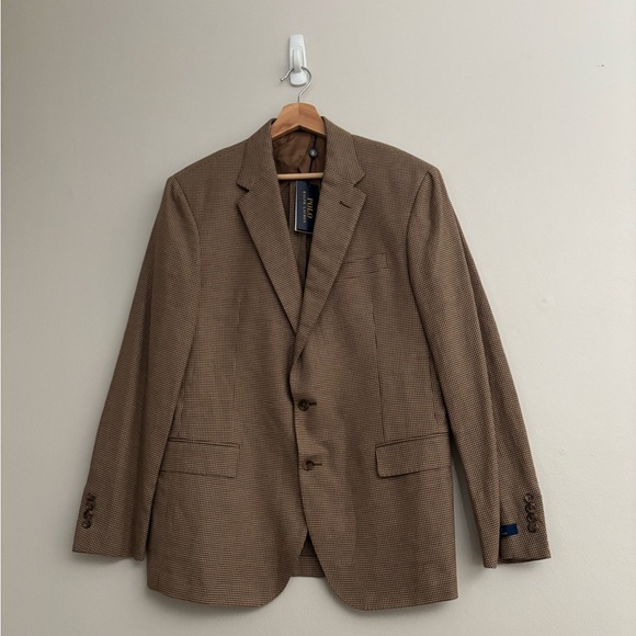 Ralph Lauren Tan Soft Houndstooth Linen Cotton Blend Suit Jacket